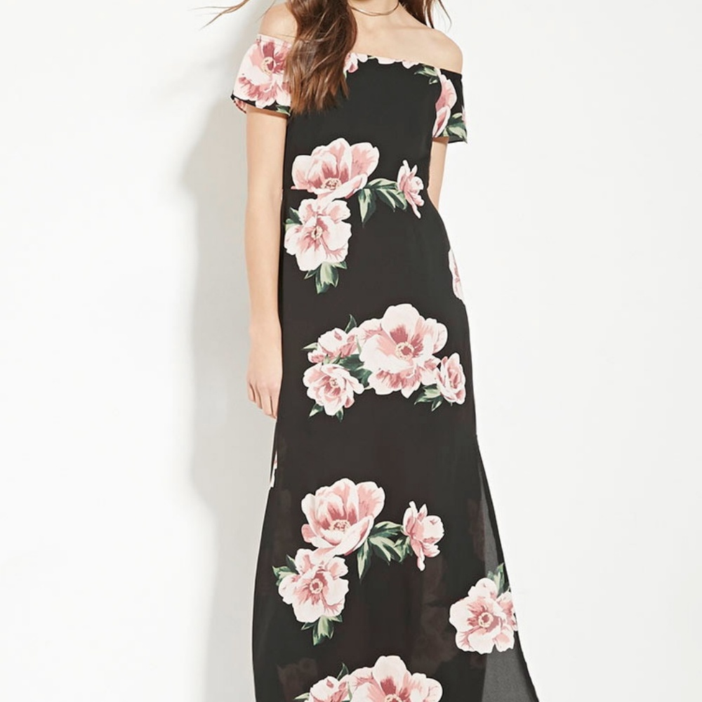 Long floral side split off the shoulder dress